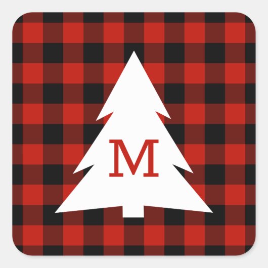 Red Black Buffalo Check Monogram Kerstvakantie Vierkante Sticker (Voorkant)