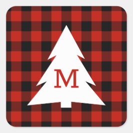 Red Black Buffalo Check Monogram Kerstvakantie Vierkante Sticker
