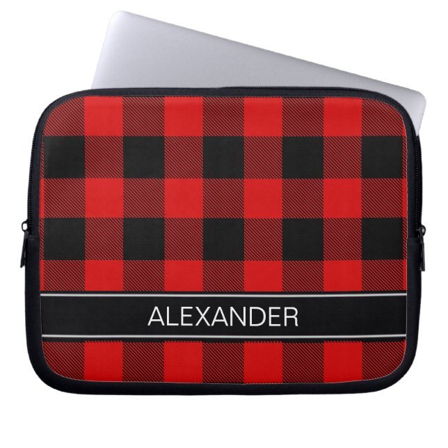 Red Black Buffalo Check Pset Name Monogram Laptop Sleeve (Voorkant)
