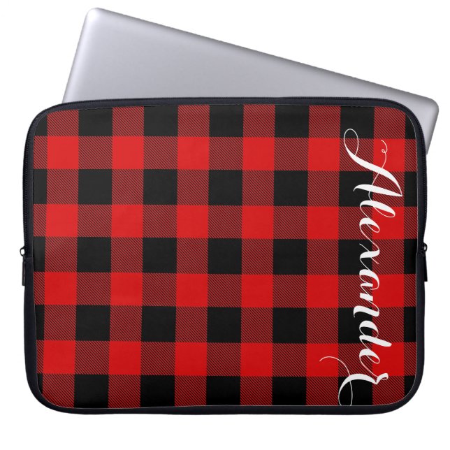 Red Black Buffalo Check Pset Name Monogram NL Laptop Sleeve (Voorkant)