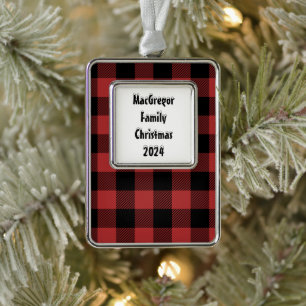 Red Black Buffalo Check Pset Verzilverd Omlijst Ornament