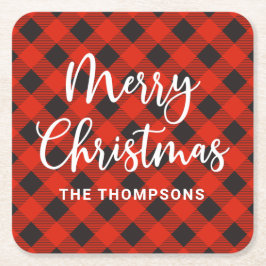 Red Black Buffalo Check vrolijk kerstscript Kartonnen Onderzetters