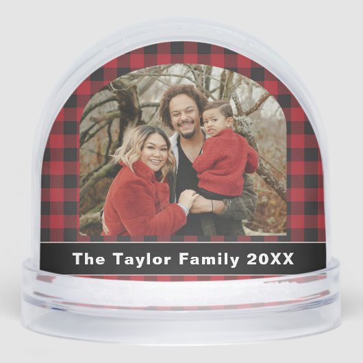 Red & Black Buffalo Plaid Family Photo Christmas Sneeuwbol (Voorkant)