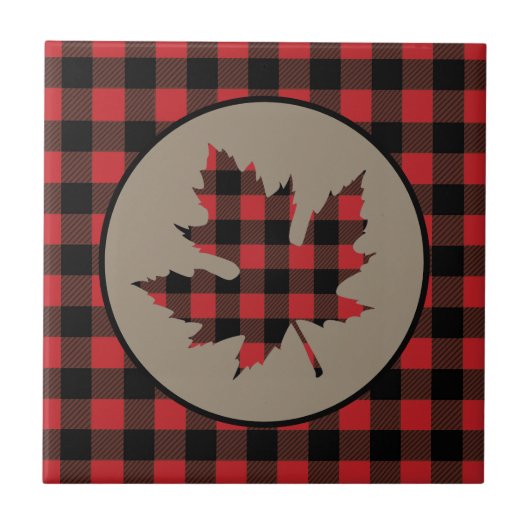 Red Black Buffalo Plaid Maple Leaf Tegel Tegeltje (Voorkant)