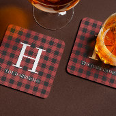 Red Black Buffalo Plaid Monogram Holiday Bier Onderzetter