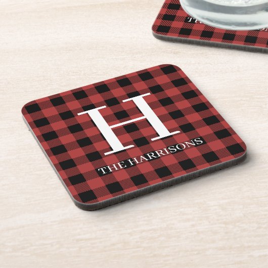 Red Black Buffalo Plaid Monogram Holiday Bier Onderzetter (Linkerzijde)
