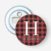 Red Black Buffalo Plaid Monogram Holiday Button Flesopener (Voorkant)