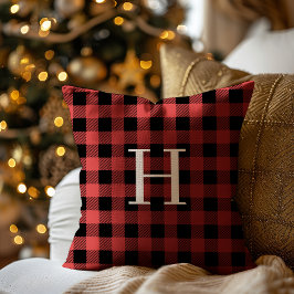 Red Black Buffalo Plaid Monogram Holiday Kussen