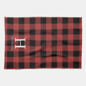 Red Black Buffalo Plaid Monogram Holiday Theedoek (Horizontaal)