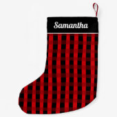 Red Black Buffalo Plaid Personalized Name Kleine Kerstsok (Achterkant)