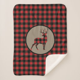 Red Black Buffalo Plaid Standing Buck Deer Sherpa Deken