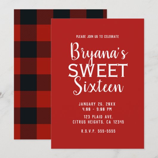 Red & Black Buffalo Plaid Sweet 16 Verjaardagsfees Kaart (Voorkant / Achterkant)