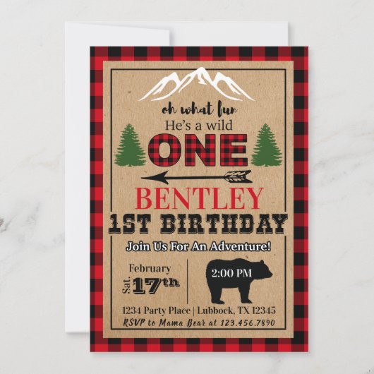 Red Black Buffalo Plaid Verjaardagsfeestje Uitnodi Kaart (Voorkant)