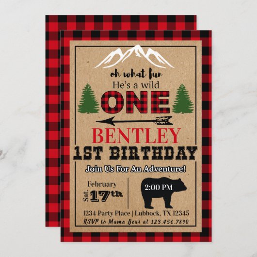 Red Black Buffalo Plaid Verjaardagsfeestje Uitnodi Kaart (Voorkant / Achterkant)