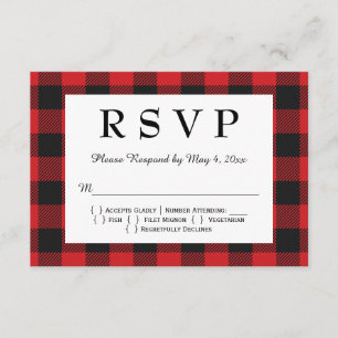 Red Black Buffalo Play Wedding RSVP Kaartje