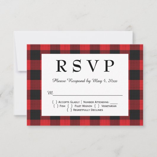 Red Black Buffalo Play Wedding RSVP Kaartje (Voorkant)