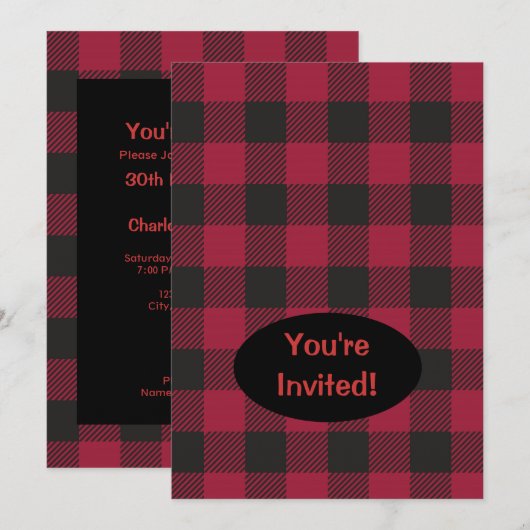 Red Black Buffalo Pset Check Party Event Kaart (Voorkant / Achterkant)