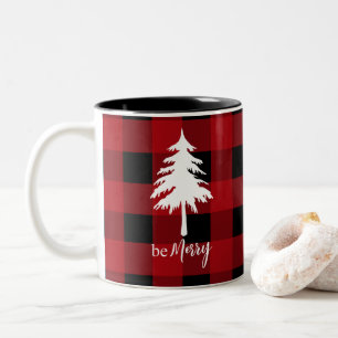 Red Black Buffalo Pset Evergreen Tree be Merry Tweekleurige Koffiemok