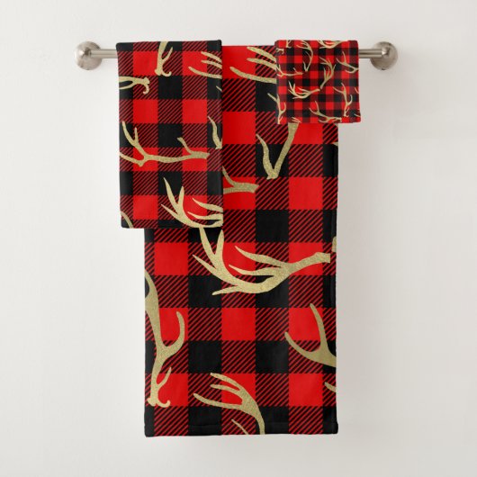 Red & Black Buffalo Pset & Gold Deer Antlers Bad Handdoek (Insitu)