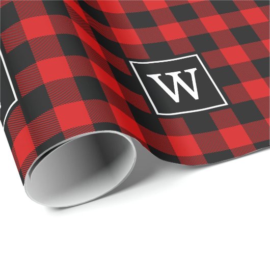 Red Black Buffalo Pset Lumberjack 1I SQ Monogram Cadeaupapier (Rol Hoek)
