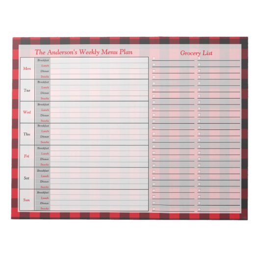 Red Black Buffalo Pset Personalized Menu Plan Notitieblok (Voorkant)