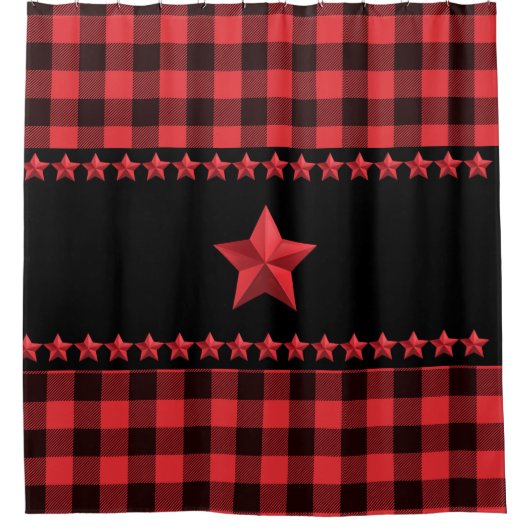Red & Black Buffalo Pset Red Stars Accent Douchegordijn (Voorkant)