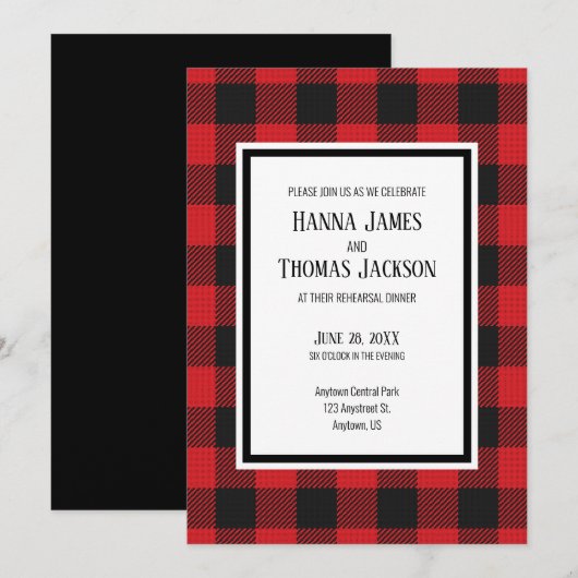 Red Black Buffalo Pset Rustic Rehearsal Dinner Kaart (Voorkant / Achterkant)