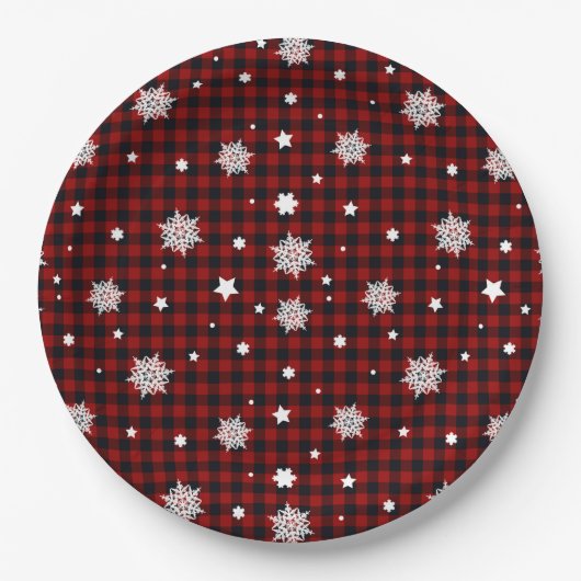 Red Black Buffalo Pset Snowflake Winter Kerstmis Papieren Bordje (Voorkant)