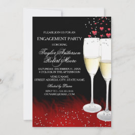 Red Black Champagne & Hearts Engagement Party Kaart