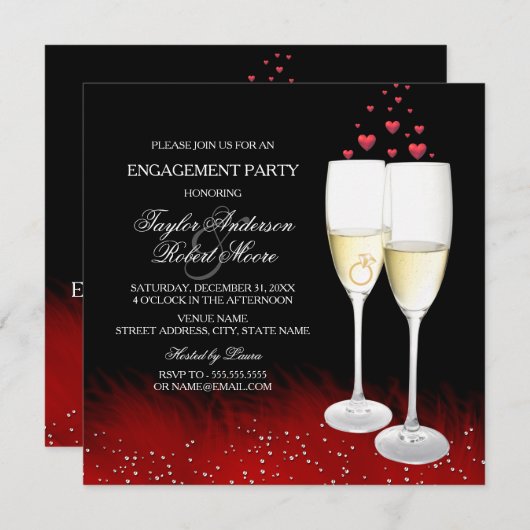 Red Black Champagne Ring Heart Engagement Party Kaart (Voorkant / Achterkant)