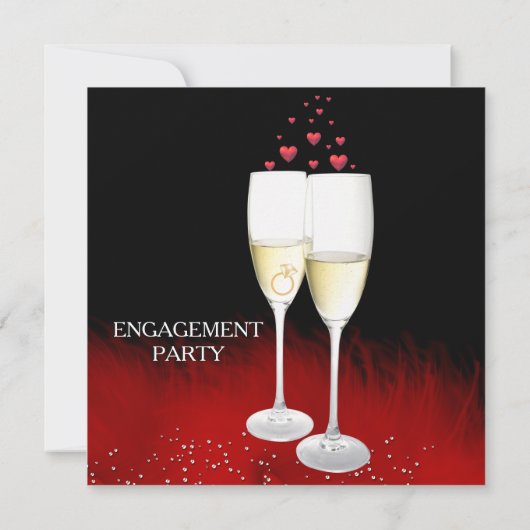 Red Black Champagne Ring Heart Engagement Party Kaart (Achterkant)