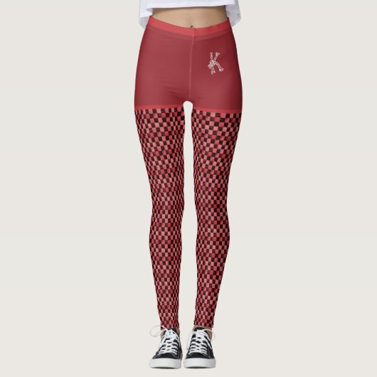 Red Black Checkered Pattern Monogram Gepersonalise Leggings (Voorkant)