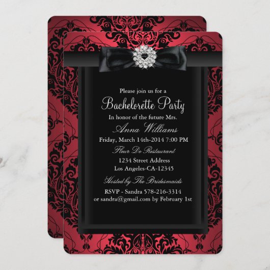 Red & Black Chic Damask Bachelorette Party Kaart (Voorkant / Achterkant)