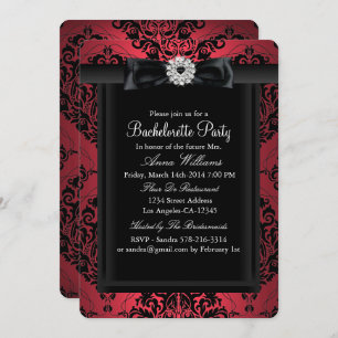 Red & Black Chic Damask Bachelorette Party Kaart