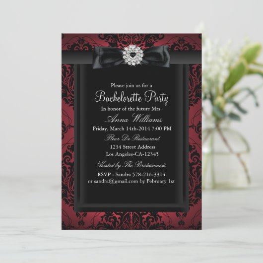 Red & Black Chic Damask Bachelorette Party Kaart (Staand voorkant)