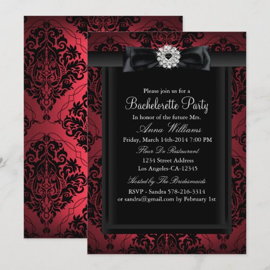 Red & Black Chic Damask Bachelorette Party Kaart (Voorkant / Achterkant)