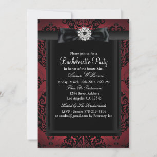 Red & Black Chic Damask Bachelorette Party Kaart