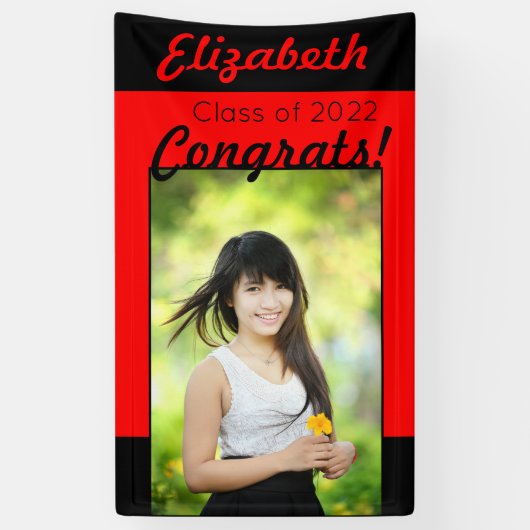 Red & Black Congrats One Photo Graduparty Spandoek (Verticaal)