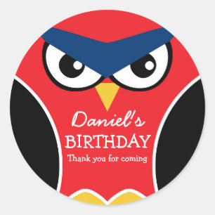 Red Black Cute Owl Birthday Party Sticker voor kin