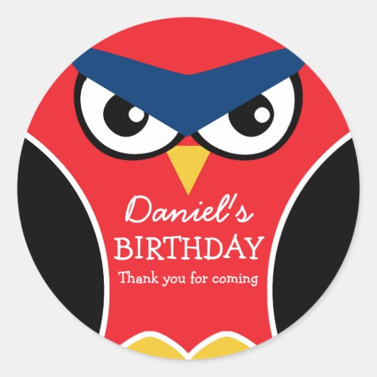 Red Black Cute Owl Birthday Party Sticker voor kin (Voorkant)