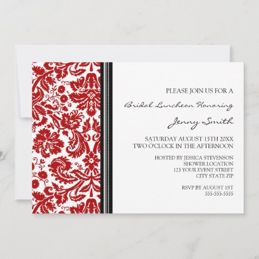 Red Black Damask Bridal Lunch Invitation Kaart (Achterkant)