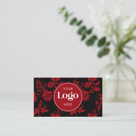 Red & Black Damask Custom Logo QR Code Template Visitekaartje (Staand voorkant)