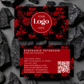 Red & Black Damask Custom Logo QR Code Template Visitekaartje