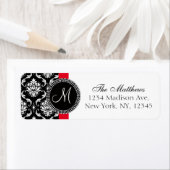 Red Black Damask Elegant Monogram Weddenschap Etiket (Insitu)