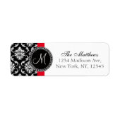 Red Black Damask Elegant Monogram Weddenschap Etiket (Voorkant)