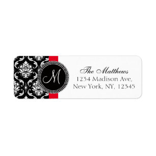 Red Black Damask Elegant Monogram Weddenschap Etiket