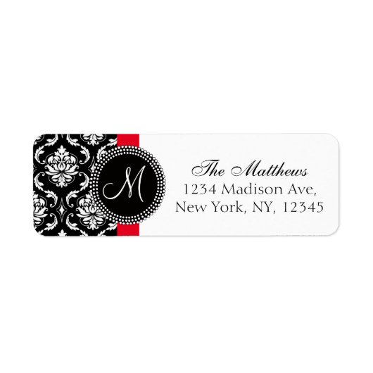 Red Black Damask Elegant Monogram Weddenschap Etiket (Voorkant)