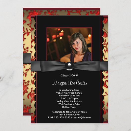 Red Black Damask Foto Afstuderen Aankondiging (Voorkant / Achterkant)