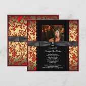 Red Black Damask Foto Afstuderen Aankondiging (Voorkant / Achterkant)