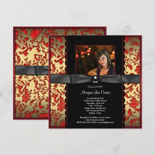 Red Black Damask Foto Afstuderen Aankondiging (Voorkant / Achterkant)